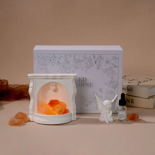 Tabletop Plaster Fireplace Decor, Angel, Orange Crystal