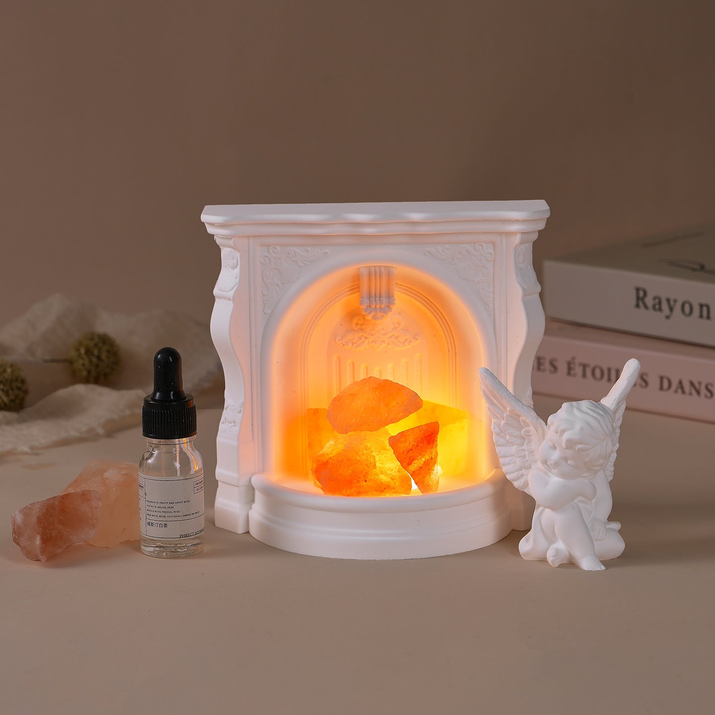Tabletop Plaster Fireplace Decor, Angel, Orange Crystal