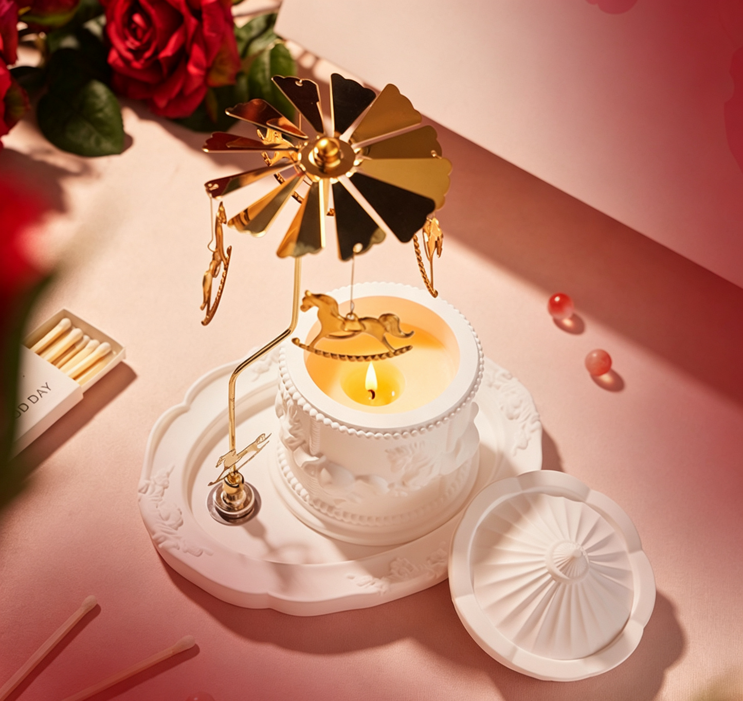 Carousel Cup Candle Set, White Tea, Tray and Metal Spinner